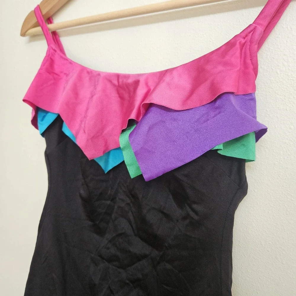 VTG 90s Sirena High Cut Leg One piece Swimsuit Sz XS Color Block Ruffle